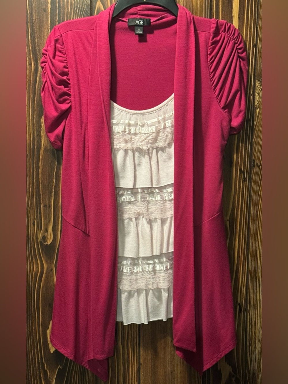 AGB Tiered Ruffle 2-in-1 Cardigan ~ Fuschia Pink & White Lace ~ Size Small
